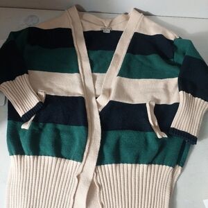 ANAMA Cream Green Black Cardigan‎ Sweater S/M Open Front Ribbed Hems Pockets